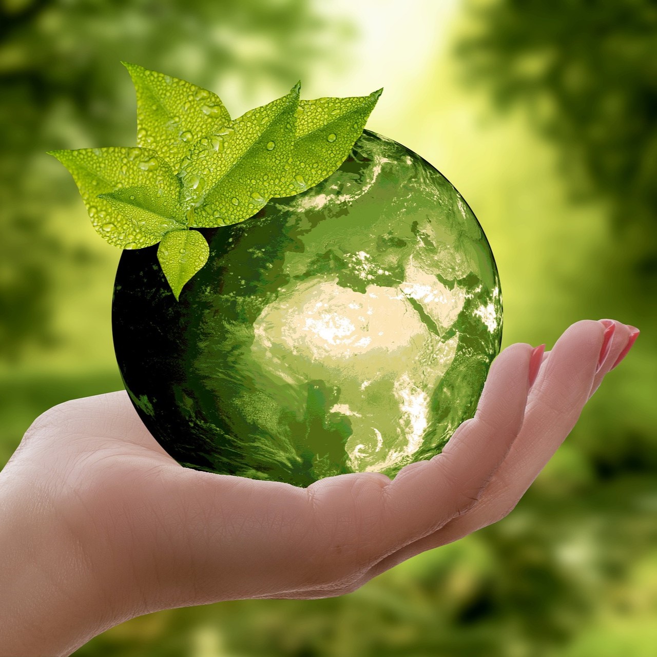 Female hand holding green globe